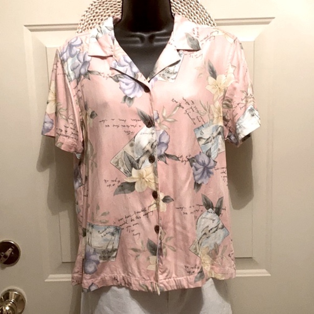 VTG Retro Caribbean Joe Hawaiian Button Up Shirt Pastel Pink Yellow Multi Size M